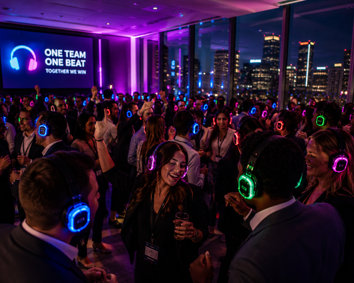 Corporate silent disco event with branded wireless headphones and modern venue lighting
