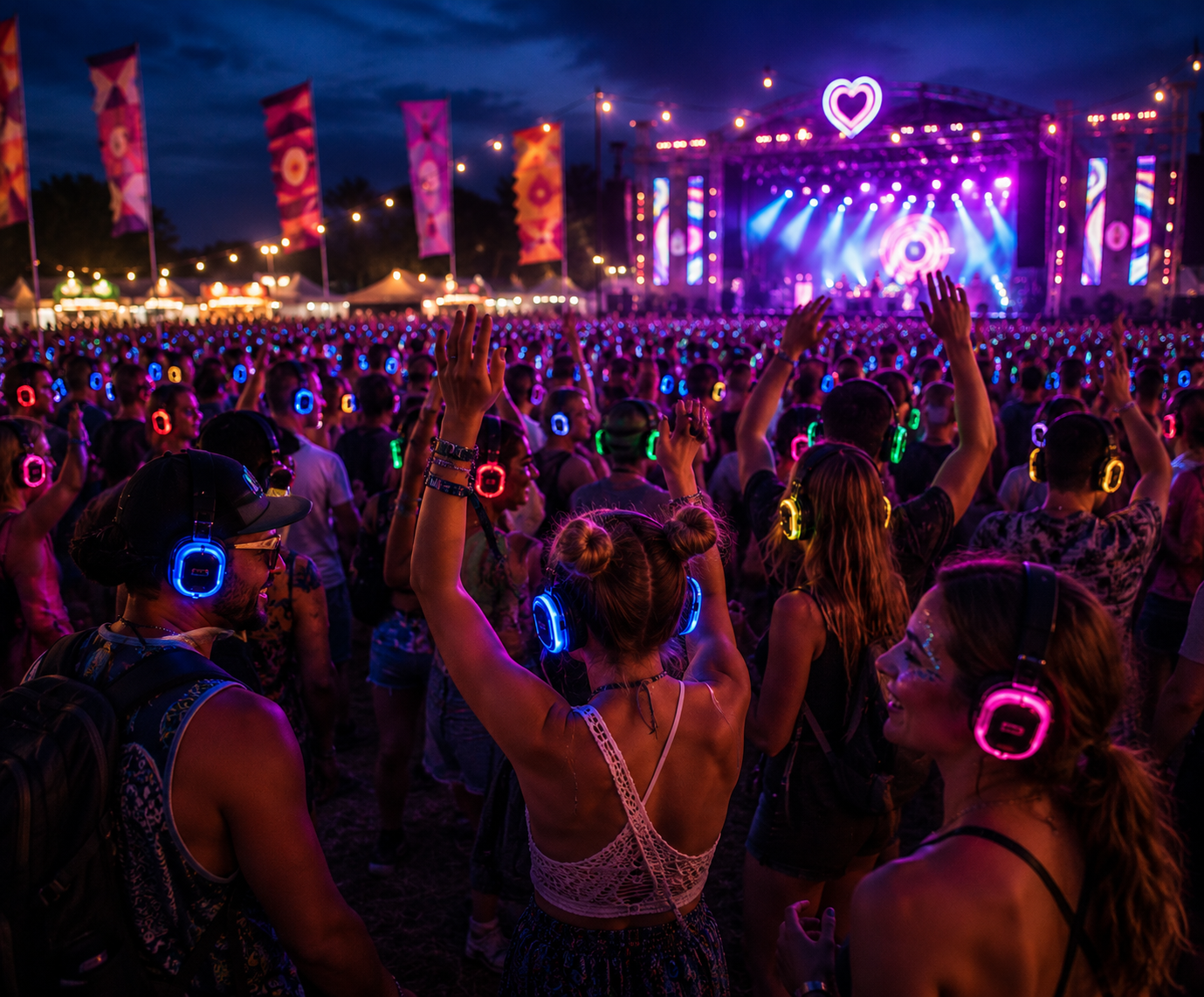Outdoor festival silent disco with crowd dancing in colourful wireless headphones at night