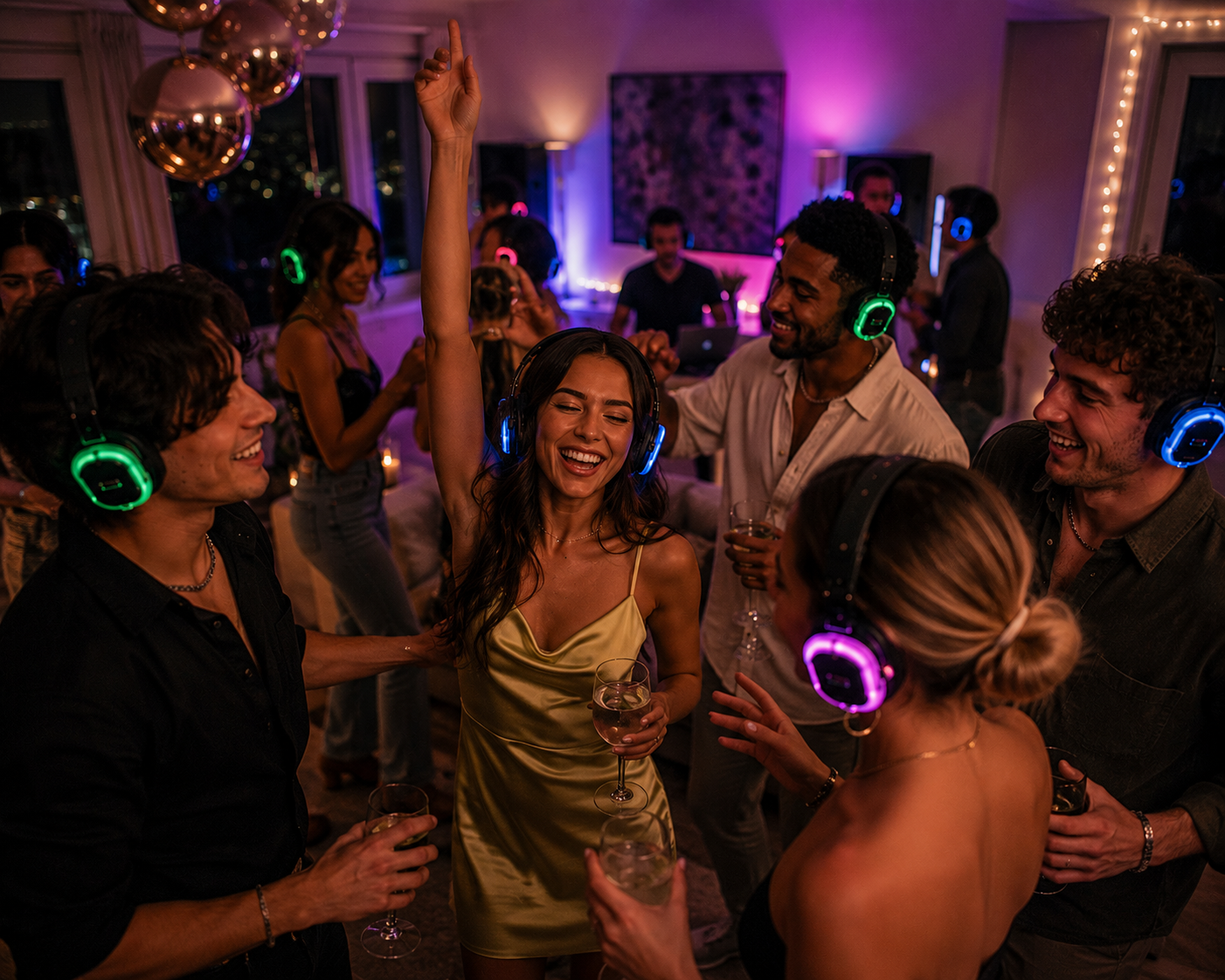 Rooftop private party with guests in wireless headphones at sunset