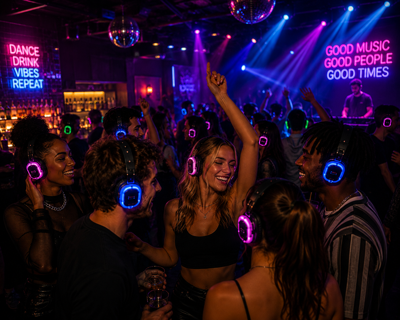 Late-night silent disco at a bar with neon lighting and crowd dancing in wireless headphones