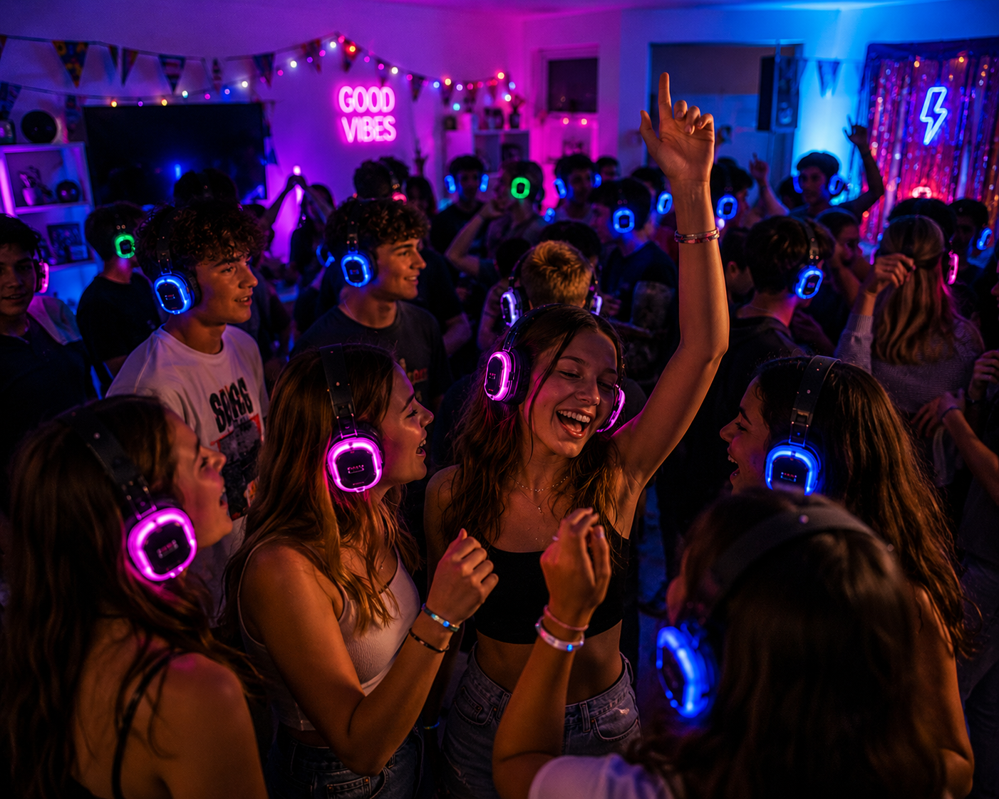 Kids and teens dancing at a silent disco party with colourful glowing headphones