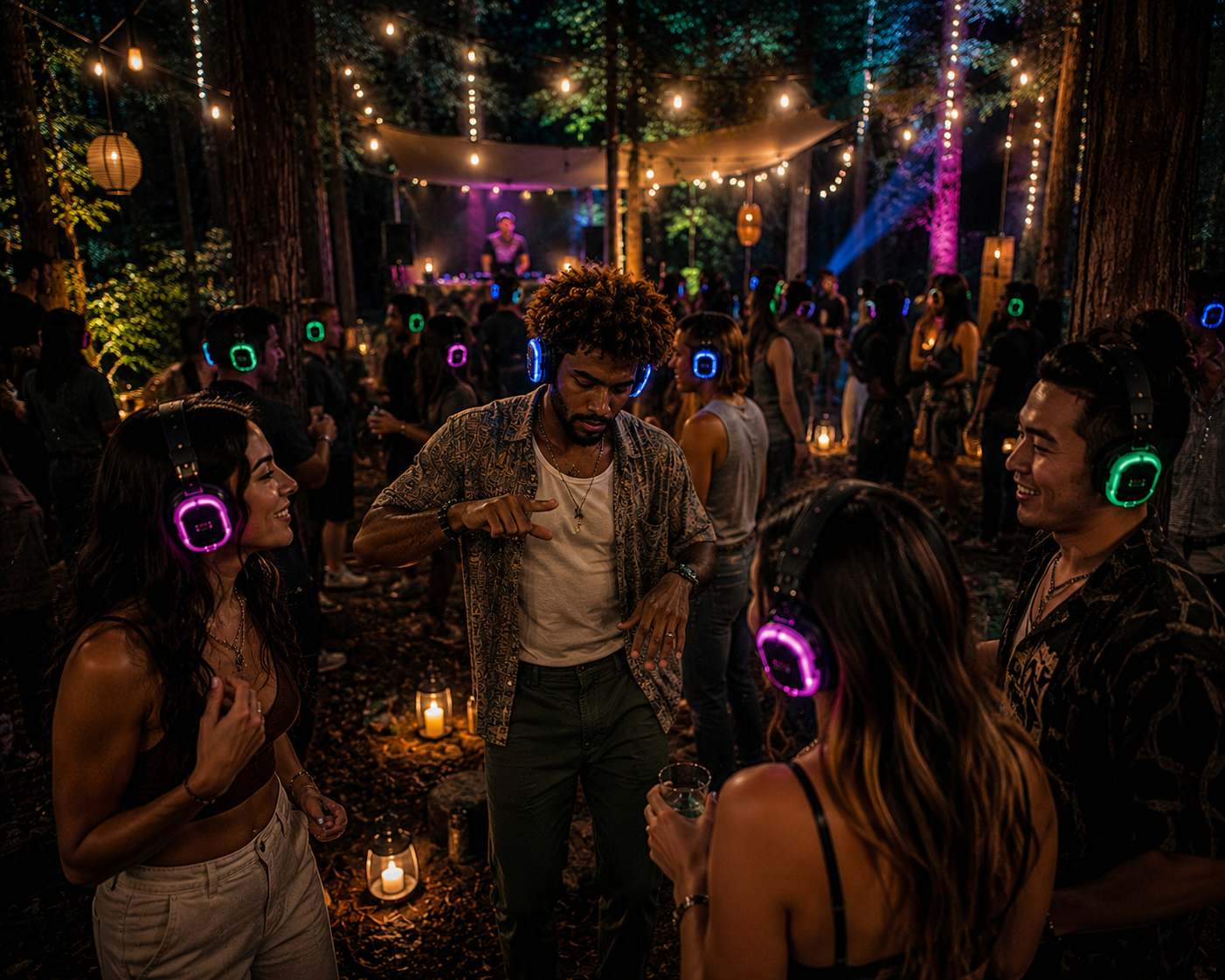 Unique woodland venue silent disco event under string lights