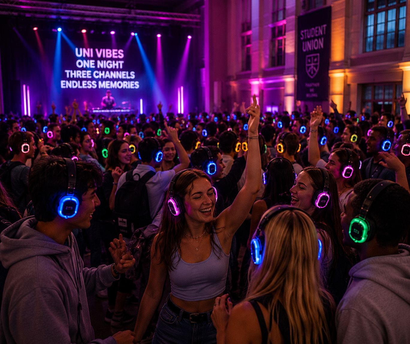 University silent disco event with students dancing in illuminated headphones