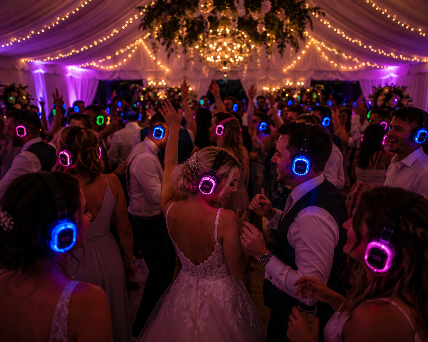Silent disco wedding reception with guests dancing in glowing wireless headphones