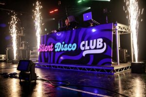 Silent Disco Club DJ booth with sparkler fountains