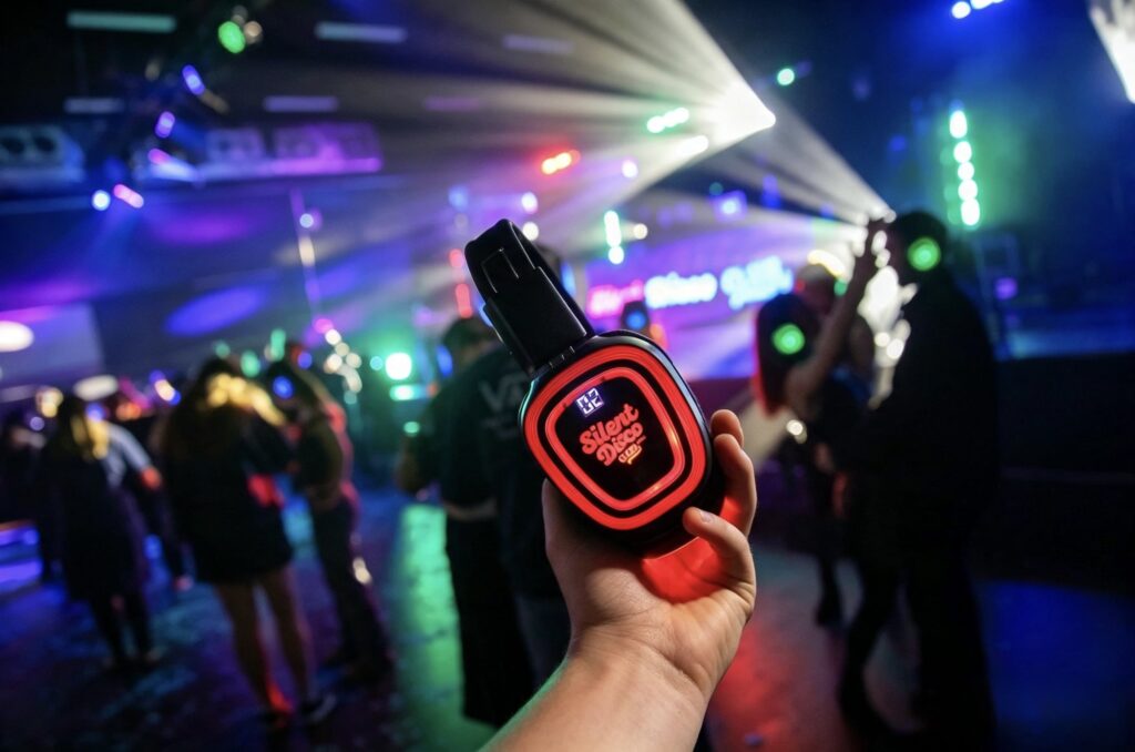Guest holding up wireless silent disco headphones glowing red on the dancefloor